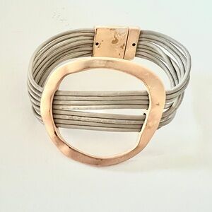 Open Oval matte gold Taupe Multi-Strand Leather Magnetic statement Bracelet  7"